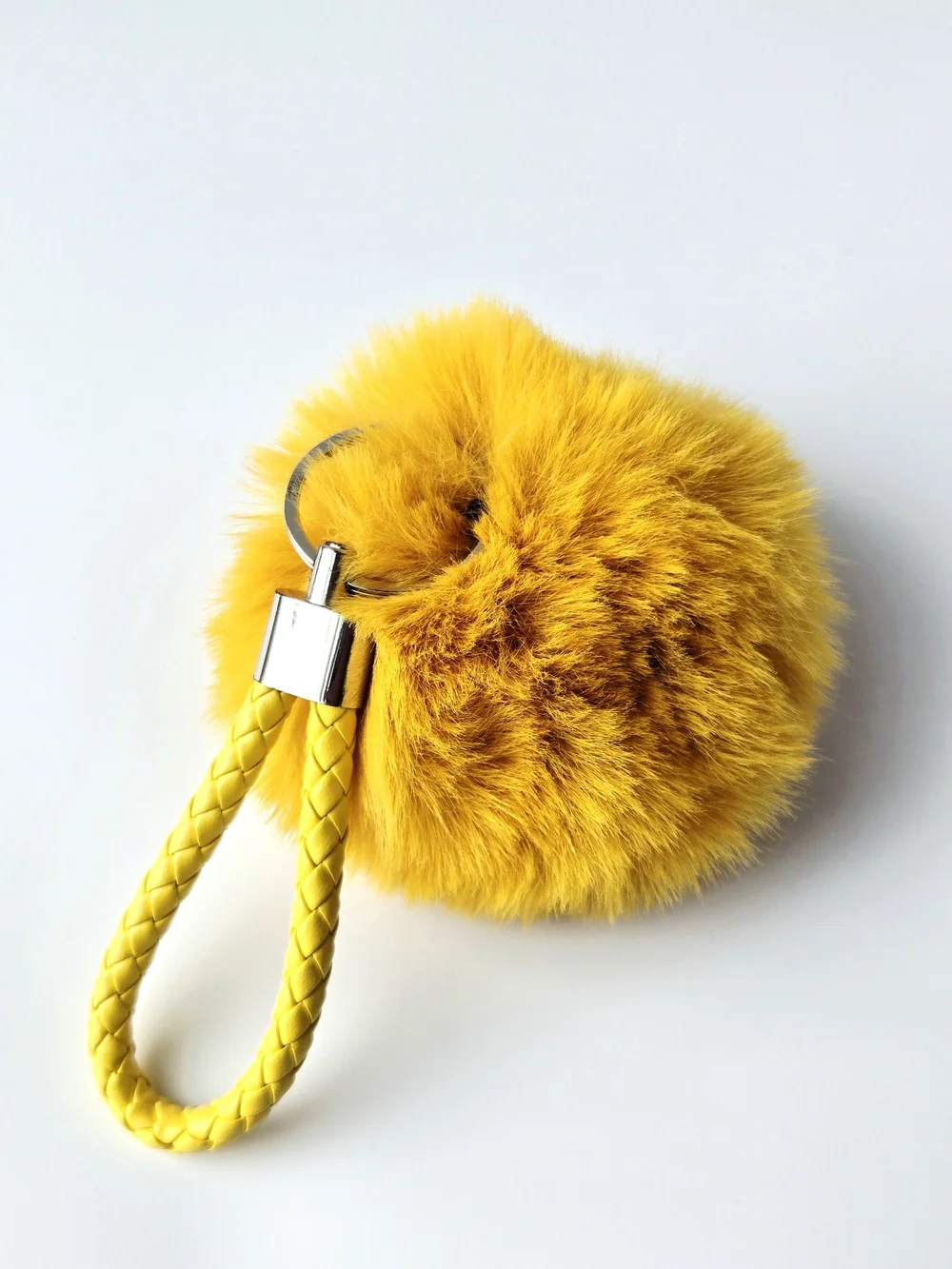 Yellow Fluffy Faux Fur Pom Pom Keychain Bag Charm Braided Faux Leather Wristlet